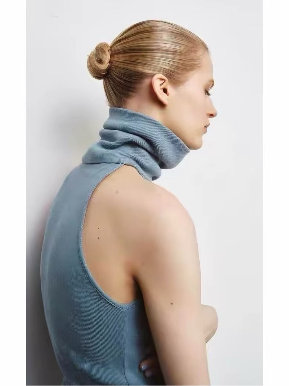 Zara Sleeveless Ribbed Turtleneck in Foggy Light Blue